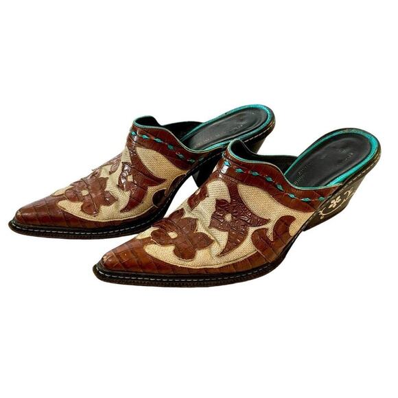 DONALD J. PLINER Juno Leather Brown Turquoise Western Couture Italian Mules 7M - Picture 1 of 11